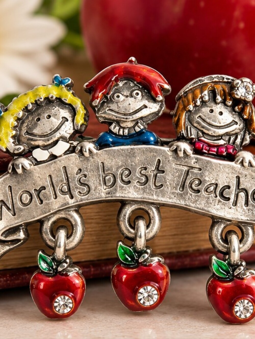 Vintage AJMC World’s Best Teacher Brooch Enamel Apple Rhinestone Dangle Pin